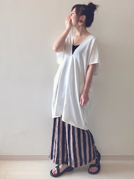 「ストライプパンツ」｜「アイテム（チュニック）」を使った、chakoさん（レディース・155cm）の夏コーディネート