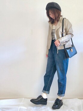 「サニーレーベル」｜「アイテム（ライダースジャケット）」を使った、chakoさん（レディース・155cm）の秋コーディネート