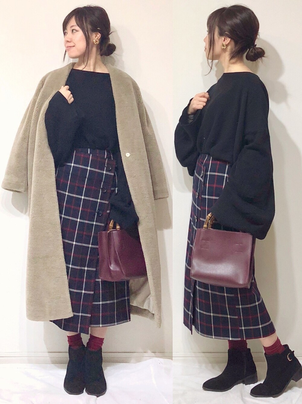 「Rouge vif la cle(Rouge vif la cle)、ルージュヴィフ、ketty cherie、ケティシェリー、チェックスカート、タイトスカート、ボア、ショートブーツ、もこもこ、オトナカジュアル」｜「Rouge vifのエコファーロングボアコート（ムートンコート、ベージュ系）」を使った、chakoさん（レディース・155cm）の冬コーディネートの1枚目の写真