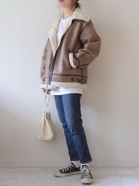 「巾着バッグ」｜「アイテム（ムートンコート）」を使った、chakoさん（レディース・155cm）の秋コーディネート