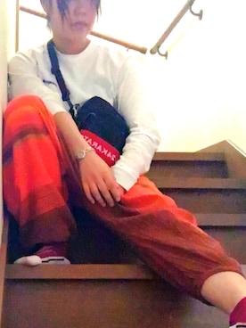 「チャイハネ（チャイハネ）の【チャイハネ】カラパナサルエルパンツ（ユニセックス）（その他パンツ、オレンジ系）」を使った、すんさん（レディース・154cm）の夏コーディネート