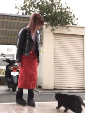 「ムートンブーツ」｜「アイテム（ライダースジャケット）」を使った、いく☆さん（レディース・153cm）の冬コーディネート