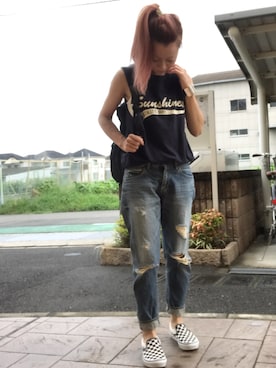 「クラッシュデニム」｜「アイテム（スリッポン）」を使った、いく☆さん（レディース・153cm）の夏コーディネート