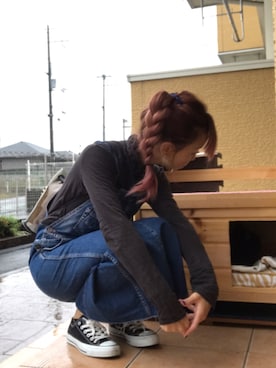 「ピアス」｜「アイテム（サロペット/オーバーオール）」を使った、いく☆さん（レディース・153cm）の秋コーディネート