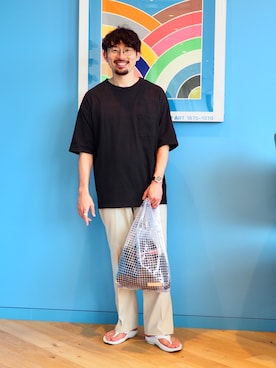 「B:MING by BEAMS（ビーミングバイビームス）のThe Container Shop × B:MING by BEAMS / 別注 PVC クリアトートバッグ（トートバッグ）」を使った、藤尾 洸喜さん（メンズ・171cm）の夏コーディネート