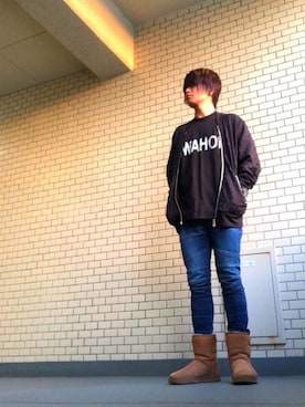 「ムートンブーツ」｜「アイテム（スタジャン）」を使った、松浦正太郎/俳優さん（メンズ・163cm）の冬コーディネート
