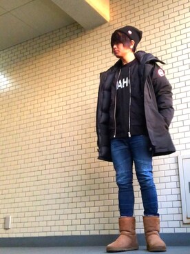 「ムートンブーツ」｜「アイテム（スタジャン）」を使った、松浦正太郎/俳優さん（メンズ・163cm）の冬コーディネート