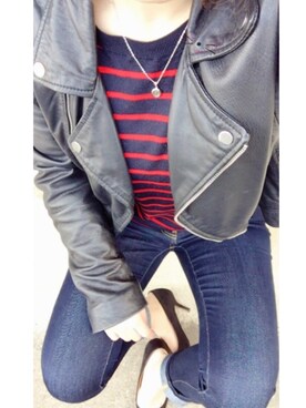 「stradivarius（ストラディバリウス）のアイテム（ライダースジャケット）」を使った、m ☺︎さん（レディース・157cm）の春コーディネート