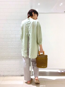 「GLOBAL WORK（グローバルワーク）のケア楽リネンライクスラックス/888583（その他パンツ）」を使った、tahanyanさん（レディース・155cm）の夏コーディネート
