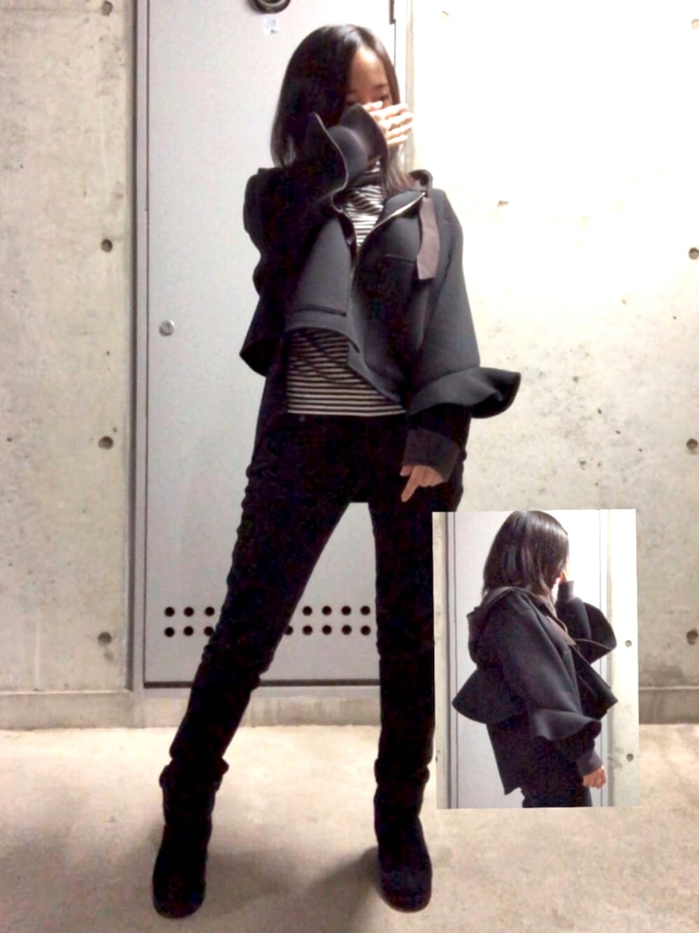 「ブラックコーデ」｜「MUVEILのアイテム（パンツ、ブラック系）」を使った、みんちゅさん（レディース・150cm）の秋コーディネートの1枚目の写真