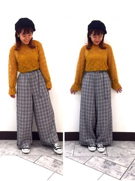 「earth music&ecology（アースミュージックアンドエコロジー）のチェック柄ストレートパンツ（その他パンツ、ブラック系）」を使った、yukiiiさん（レディース・153cm）の夏コーディネート