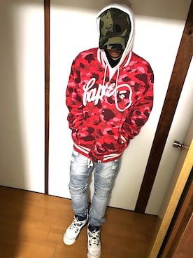 「A BATHING APE（アベイシングエイプ）のアイテム（スタジャン）」を使った、元ちゃんさん（メンズ・175cm）の春コーディネート