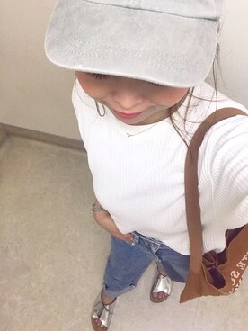 「UNIQLO（ユニクロ）のワッフルクルーネックT（5分袖）（Tシャツ/カットソー）」を使った、can5さん（レディース・157cm）の夏コーディネート