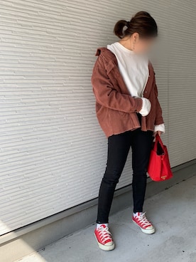 「アイテム（トートバッグ、レッド系）」を使った、can5さん（レディース・157cm）の春コーディネート
