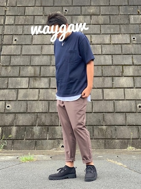 「GU（ジーユー）のアイテム（Tシャツ/カットソー、ブルー系）」を使った、waygawさん（メンズ・179cm）の夏コーディネート