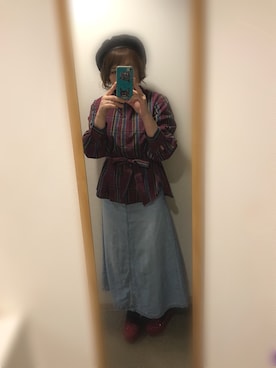 「赤チェック」｜「アイテム（ハンチング/ベレー帽）」を使った、kieさん（レディース・156cm）の冬コーディネート