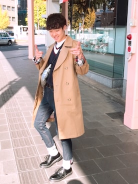 「FUDGE」｜「アイテム（ステンカラーコート）」を使った、トゥーさん（メンズ・173cm）の秋コーディネート