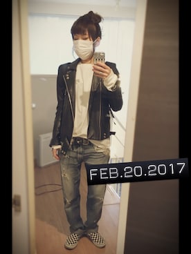 「ボーイッシュ」｜「アイテム（ライダースジャケット）」を使った、もかちーのさん（レディース・156cm）の冬コーディネート