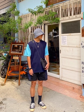 「DAZZLE（ダズル）のアイテム（帽子）」を使った、Jeffery  Xuさん（メンズ・173cm）の秋コーディネート