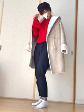 「袖フリル」｜「アイテム（ムートンコート）」を使った、ぺるもっちさん（レディース・162cm）の冬コーディネート