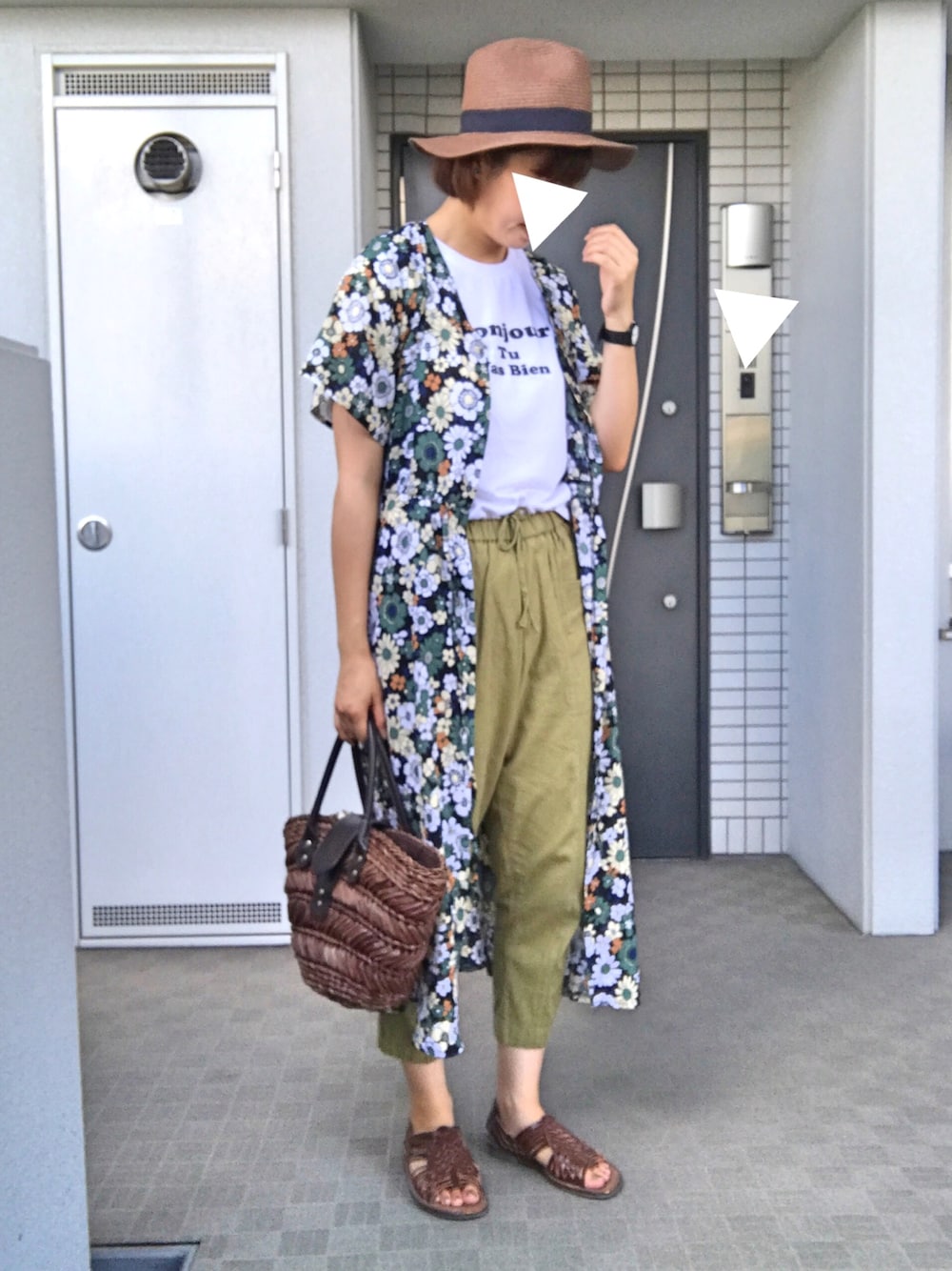 「花柄ｶﾞｳﾝ、花柄ワンピース、重ね着、サマーコーデ、夏、かごバッグ、チープカシオ、outfit」｜「mooimooiのメッシュストラップサンダル（サンダル、ブラウン系）」を使った、ぺるもっちさん（レディース・162cm）の夏コーディネートの1枚目の写真