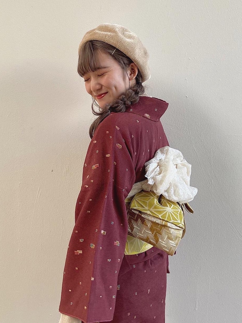 「着物、浅草、春夏コーデ、ootd、ベレー帽、着物アレンジ、着物ヘア」｜「梨花和服のアイテム（着物、レッド系）」を使った、アユミさん（レディース・154cm）の夏コーディネートの1枚目の写真