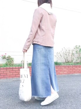 「マキシスカート」｜「アイテム（ライダースジャケット）」を使った、maiさん（レディース・153cm）の春コーディネート