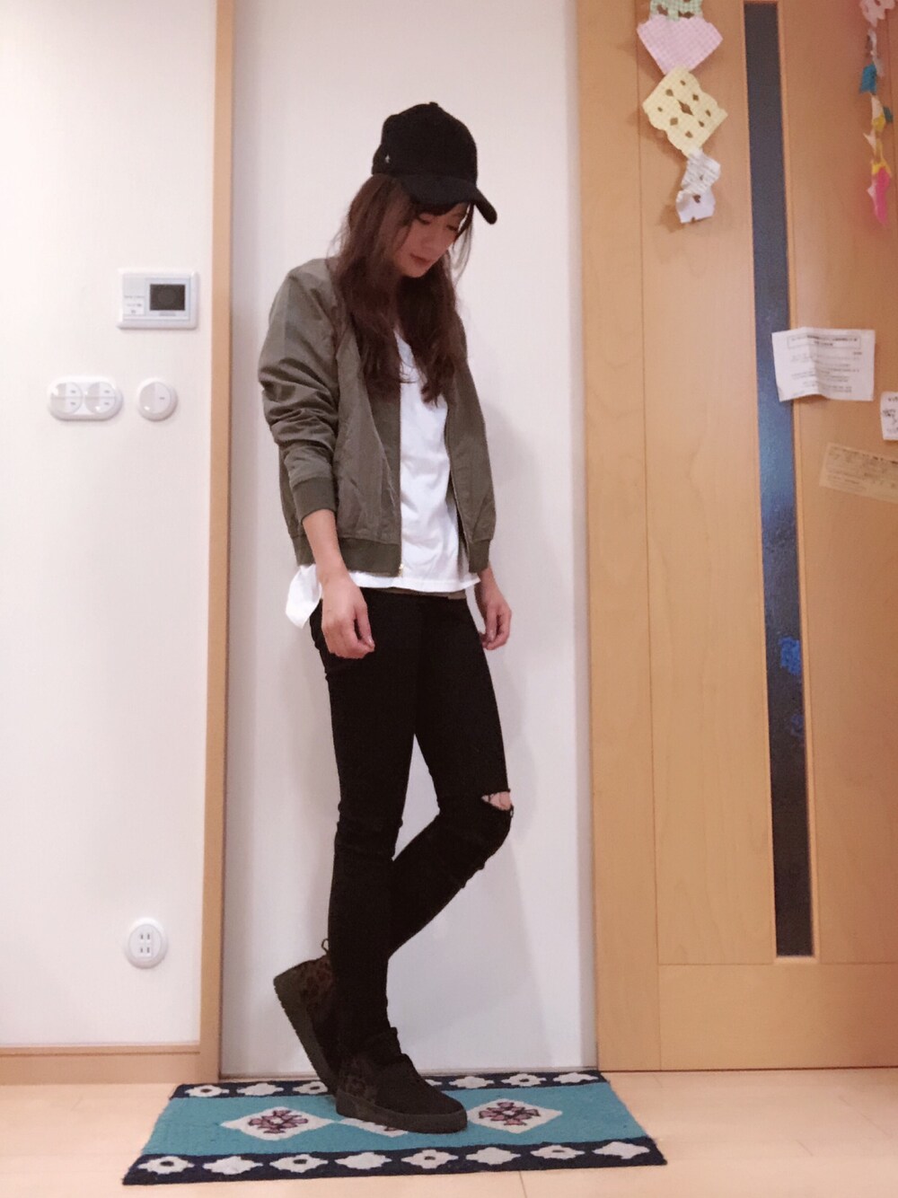 「chocol raffine robe、ニコアンド、nico and…、ユニクロ、UNIQLO」｜「chocol raffine robeのアイテム（MA-1、グリーン系）」を使った、▼se-co△さん（レディース・159cm）の秋コーディネートの1枚目の写真
