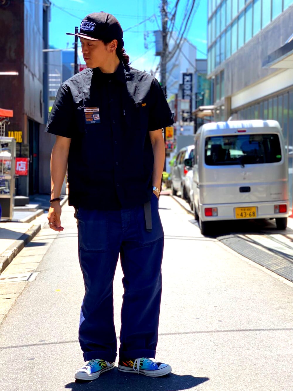 「夏コーデ、お洒落さんとつながりたい、今日のコーデ、コンバース、原宿、アメカジ、ストリート、キャップ、SCHOTT、ワークシャツ」｜「schottのSchott/ショット/ARMY FATIGUE PANTS/アーミー ファティーグ パンツ（その他パンツ、ブルー系）」を使った、MELO×YHさん（メンズ・180cm）の夏コーディネートの1枚目の写真