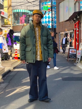 「原宿」｜「アイテム（ダウンジャケット/コート）」を使った、MELO×YHさん（メンズ・181cm）の冬コーディネート