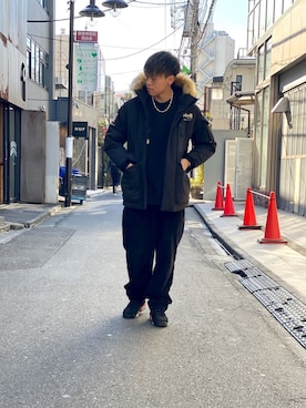 「原宿」｜「アイテム（ダウンジャケット/コート）」を使った、MELO×YHさん（メンズ・181cm）の冬コーディネート