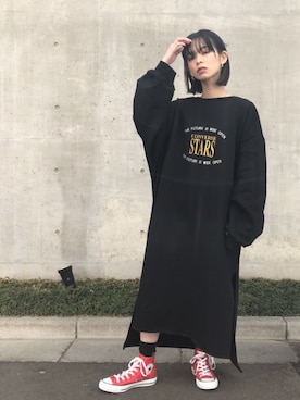 「コンバース ハイカット」｜「アイテム（ワンピース/ドレス）」を使った、じゅんなさん（レディース・153cm）の春コーディネート