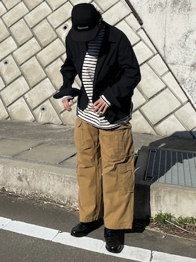 「Eddie Bauer（エディーバウアー）のアイテム（カーゴパンツ）」を使った、レンさん（メンズ・176cm）の春コーディネート