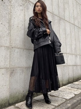 「MOUSSY（マウジー）のアイテム（ライダースジャケット）」を使った、みすさち【見須幸代】さん（レディース・160cm）の春コーディネート