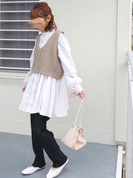 「巾着バッグ」｜「アイテム（チュニック）」を使った、piiiikoさん（レディース・152cm）の春コーディネート