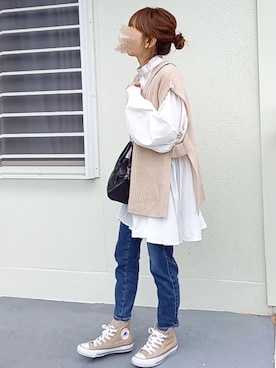 「ニットベスト」｜「アイテム（チュニック）」を使った、piiiikoさん（レディース・152cm）の春コーディネート