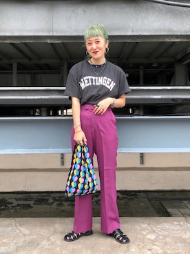 「LOWRYS FARM（ローリーズファーム）のＤＲＹカラーフレアパンツ　941232（その他パンツ）」を使った、あみこさん（レディース・156cm）の夏コーディネート