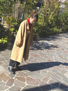 yuinaさんの「ノーカラーロング丈コットンスプリングコート（長袖・ロング丈）」を使ったコーディネート