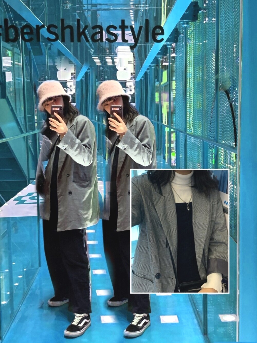 「やっぱりストリートが好き、ootd、カジュアルコーデ、秋のコーデ、パンツスタイル、シンプルコーデ、冬コーデ、きれいめカジュアル、オーバーオール、バケットハット」｜「WEGOのWEGO/レトロチェックオーバージャケット（テーラードジャケット、グレー系）」を使った、ねいる【17】さん（レディース・164cm）の秋コーディネートの1枚目の写真
