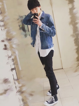 「UNIQLO（ユニクロ）のアイテム（デニムジャケット、ブルー系）」を使った、リョージさん（メンズ・183cm）の春コーディネート
