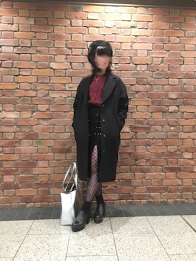 「網タイツ」｜「アイテム（チェスターコート）」を使った、むつめさん（レディース・159cm）の冬コーディネート