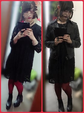 「赤タイツ」｜「アイテム（ライダースジャケット）」を使った、むつめさん（レディース・159cm）の春コーディネート