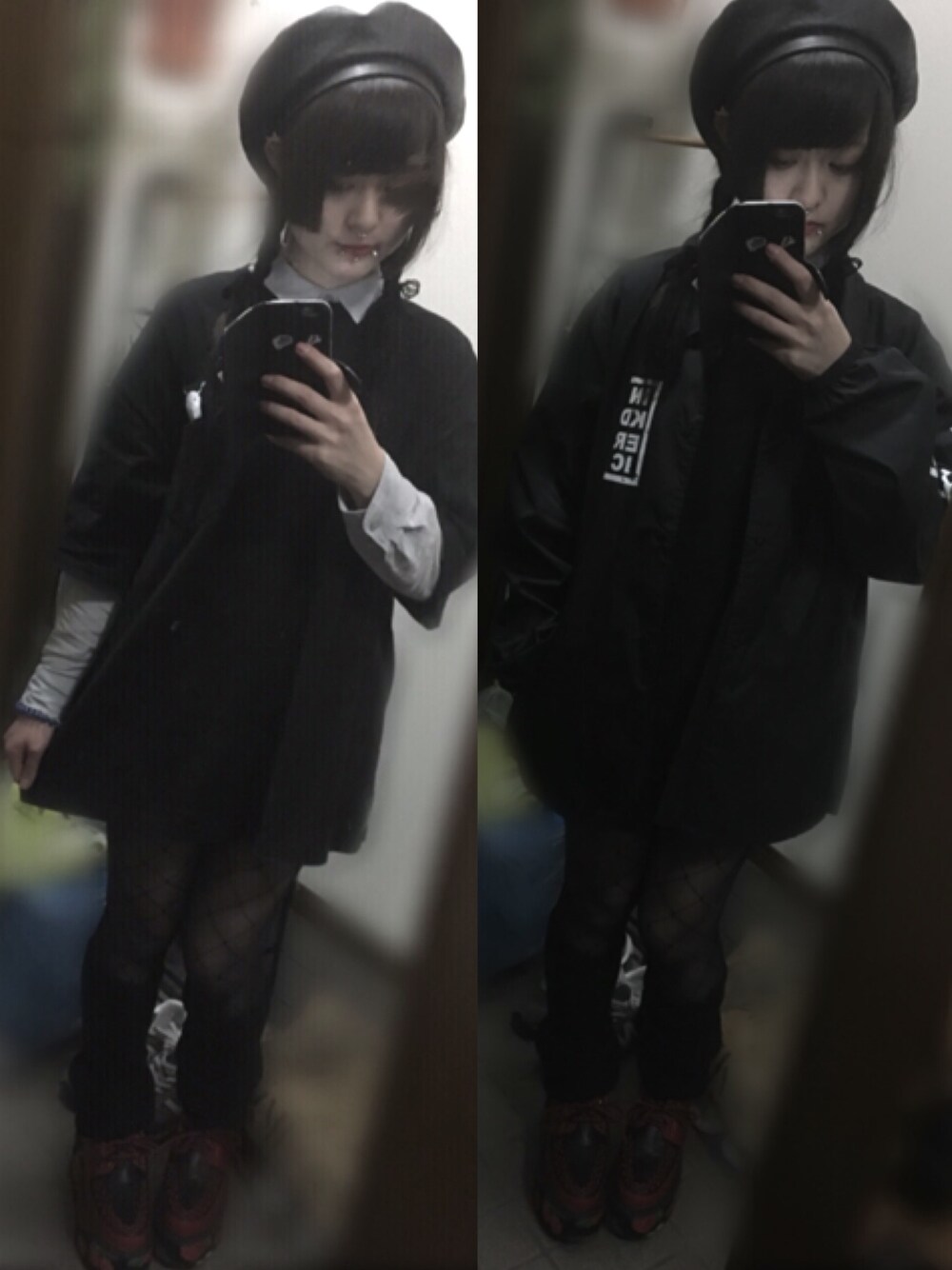 ブラック系のTシャツ/カットソー、ブラック系のナイロンジャケット、レッド系のシューズを着用したレディースの冬コーディネートの1枚目の写真