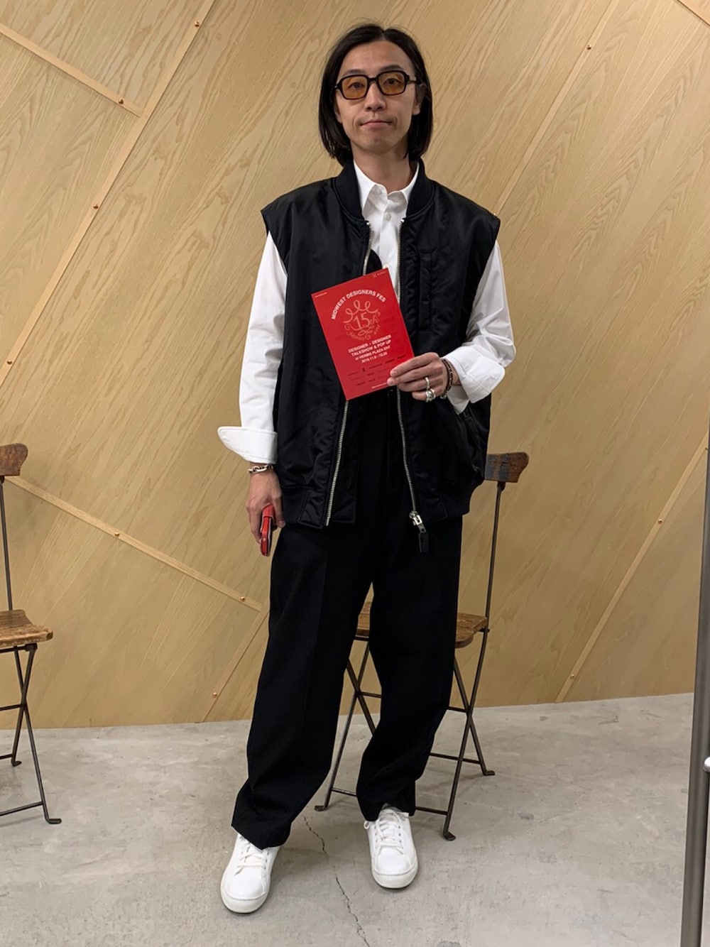 「MIDWEST DESIGNERS FES、DESIGNERS TALK SHOW、yoshiokubo GROUNDFLOOR、akiranaka、th」｜「thのアイテム（ジャケット/アウター、ブラック系）」を使った、fujisakiさん（メンズ・172cm）の秋コーディネートの1枚目の写真