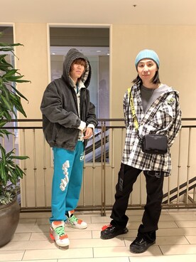 「off white」｜「アイテム（ニットキャップ/ビーニー）」を使った、fujisakiさん（メンズ・172cm）の冬コーディネート