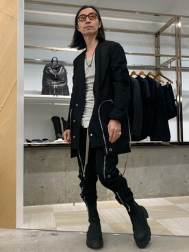 「Rick Owens（リックオウエンス）のアイテム（ジャケット/アウター）」を使った、fujisakiさん（メンズ・172cm）の冬コーディネート