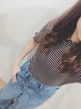 「earth music&ecology（アースミュージックアンドエコロジー）のメローボートネック半袖プルオーバー（Tシャツ/カットソー）」を使った、mikaさん（レディース・157cm）の春コーディネート