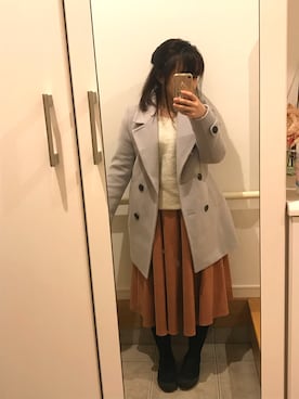 「しまむら（シマムラ）のアイテム（チェスターコート、グレー系）」を使った、kiyaさん（レディース）の冬コーディネート
