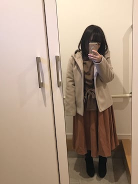 「RAY CASSIN（レイカズン）のショートフーデットコート（その他アウター、ピンク系）」を使った、kiyaさん（レディース）の冬コーディネート