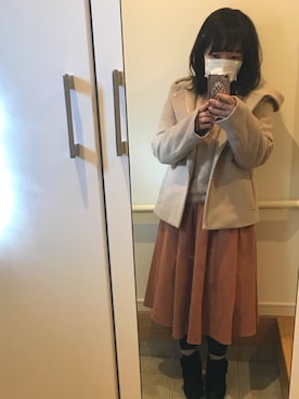 「RAY CASSIN（レイカズン）のショートフーデットコート（その他アウター、ピンク系）」を使った、kiyaさん（レディース）の冬コーディネート